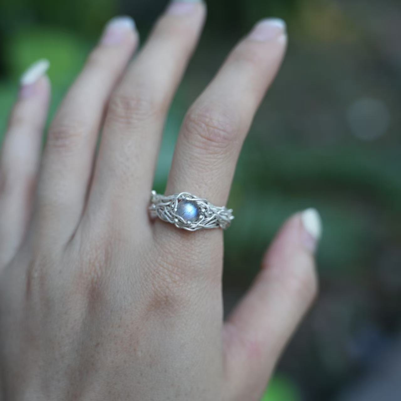 Moonstone Wire-Wrapped 999fine Sliver Ring